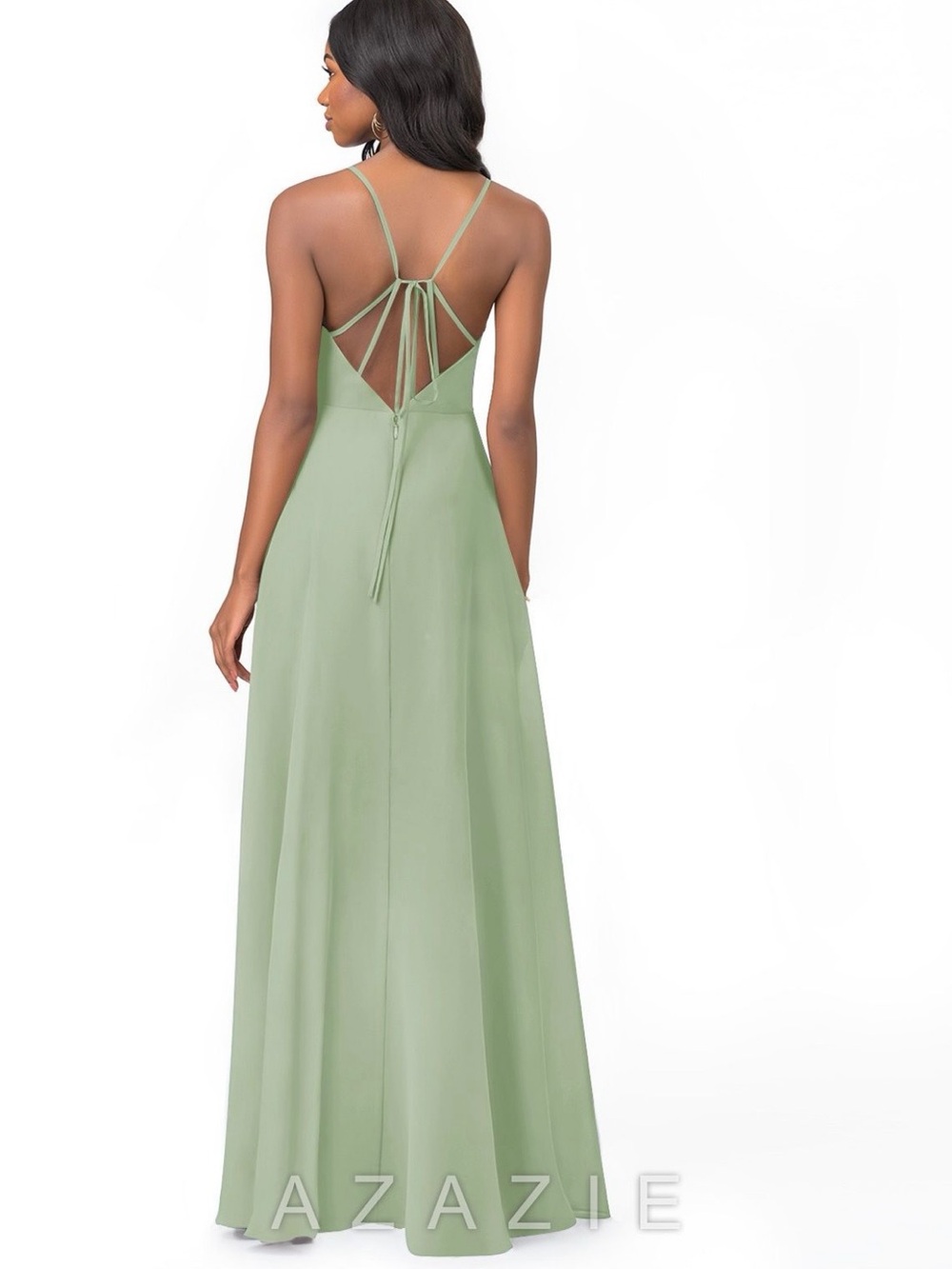 Azazie Everleigh Sage Green Bridesmaid Dress with High Slit + Garment Bag - Picture 2 of 11